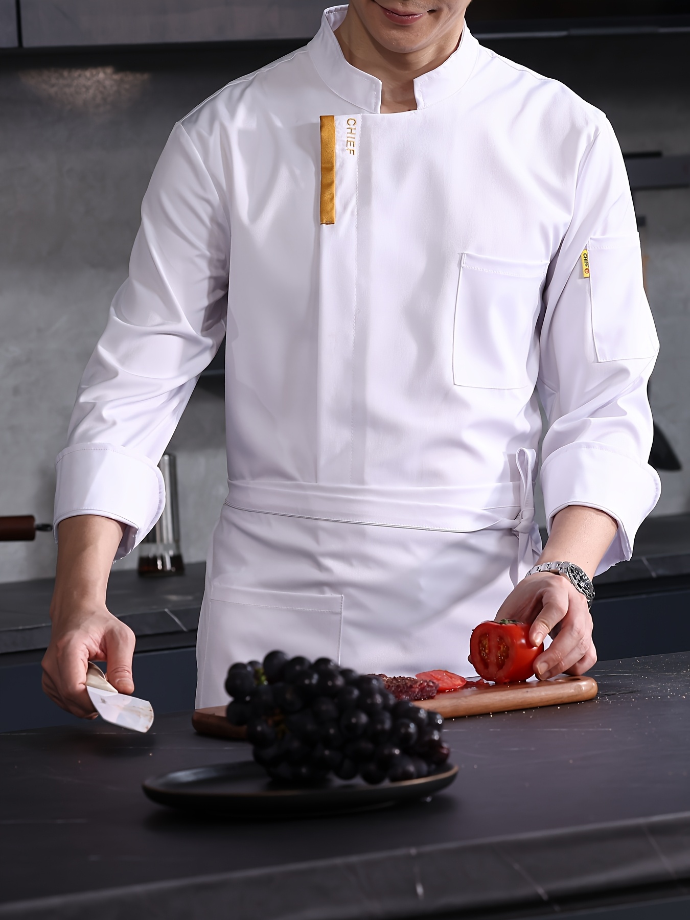 1pc elegant mens long sleeve chef uniform jacket solid color