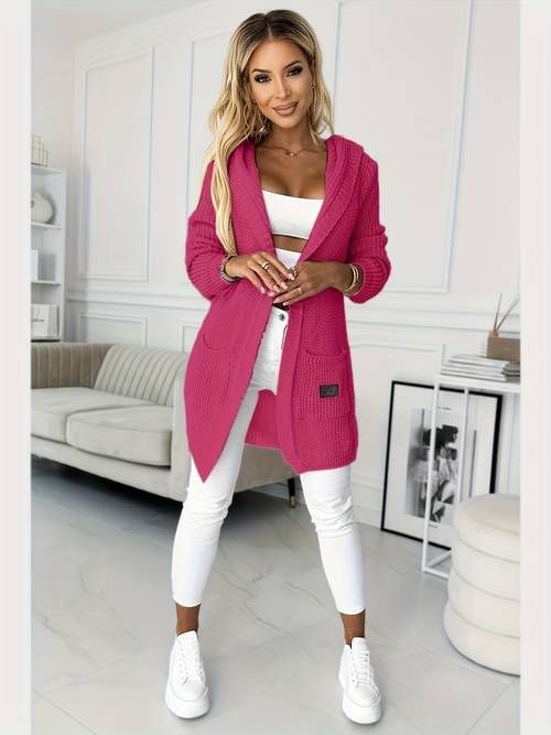 neue damen herbst/winter einfarbige langärmelige mittellange kapuzenpullover-strickjacke mit tasche, schlicht, lässig, , vielseitig, für den