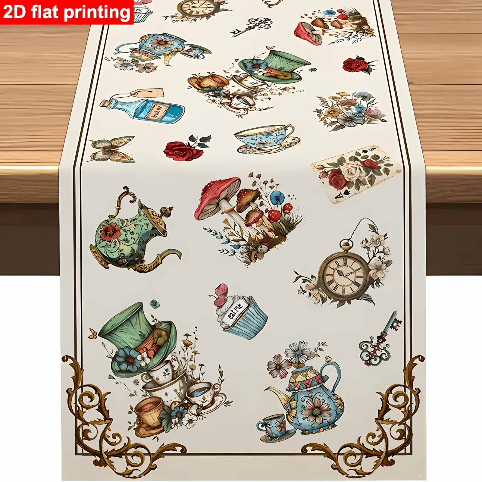 TEMU 1pc In Wonderland Table Runner - Tea Party Decor With -themed Print, Rectangular Suitable For Birthday Parties, Themed Dining Table Decorations
