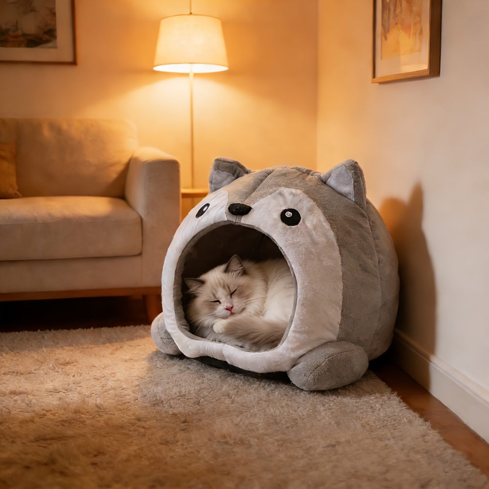 E-shop Bequemes Katzenbett Katzenhaus - Weicher Haustierkorb für Welpen und Kätzchen - Warmes Liegepolster und Schlafzelt