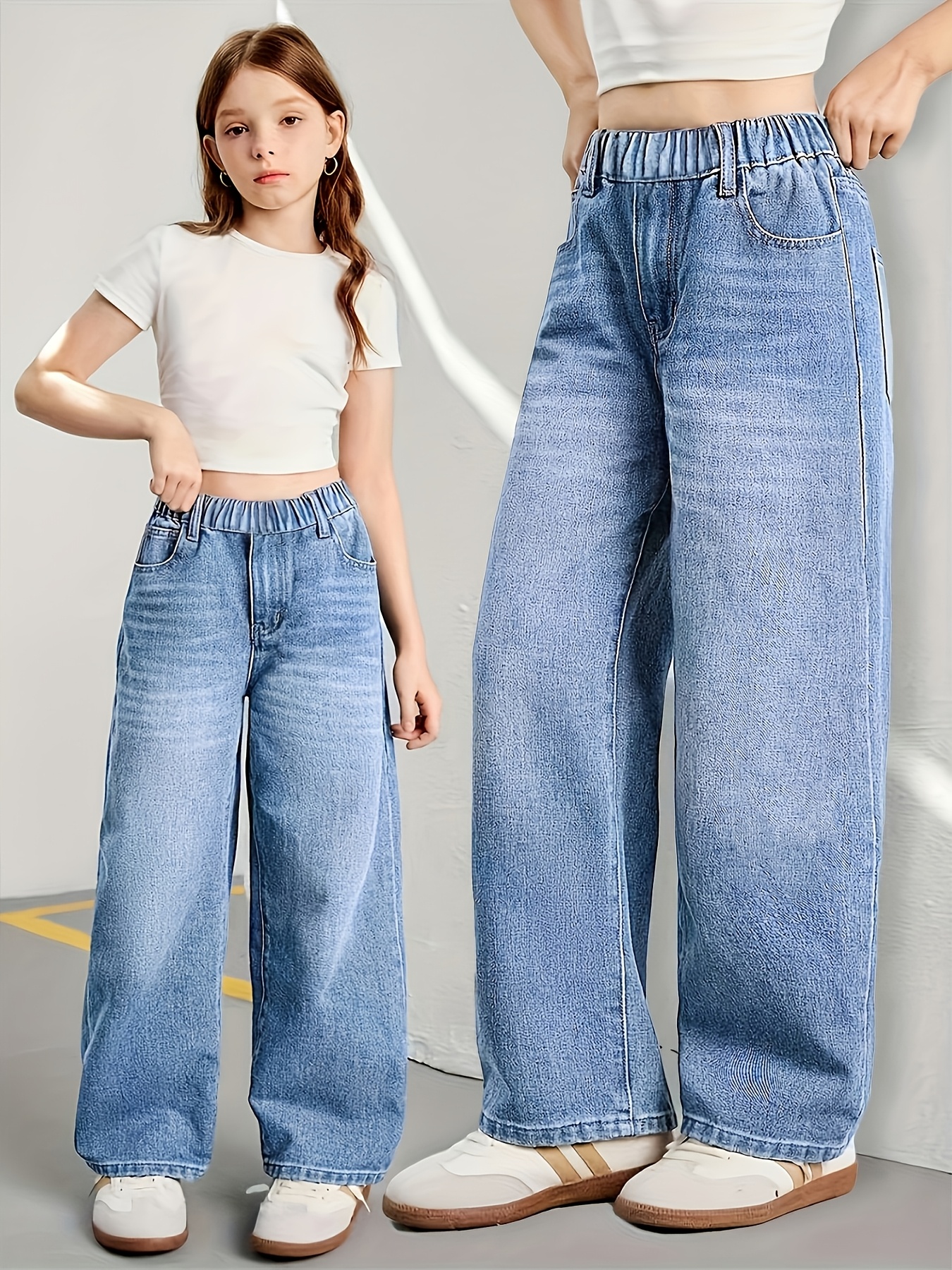girls retro straight leg jeans elastic waist loose fit minimalist versatile style for daily casual outdoor and street wear   pants warm for fall and winter   great for school halloween christmas and festivals
