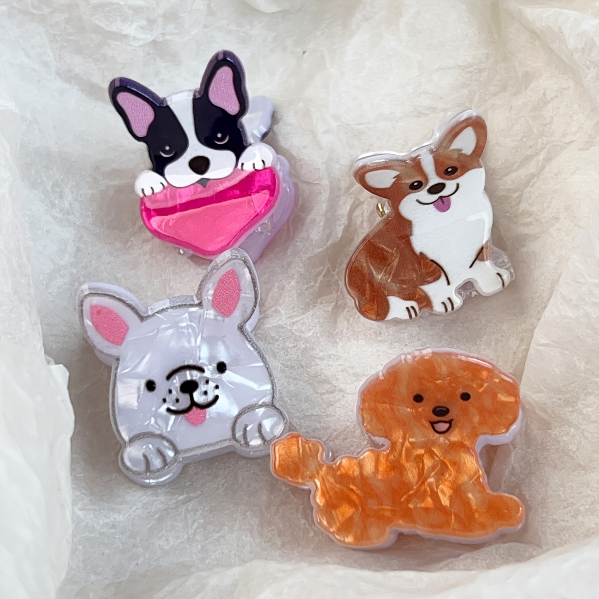 TEMU 4pcs Cute Cartoon Dog Acrylic Hair Clips Set, Kawaii Puppy Pattern Hair Barrettes, Non-slip Small Hair Claws For Women, Dog Hair Accessories For