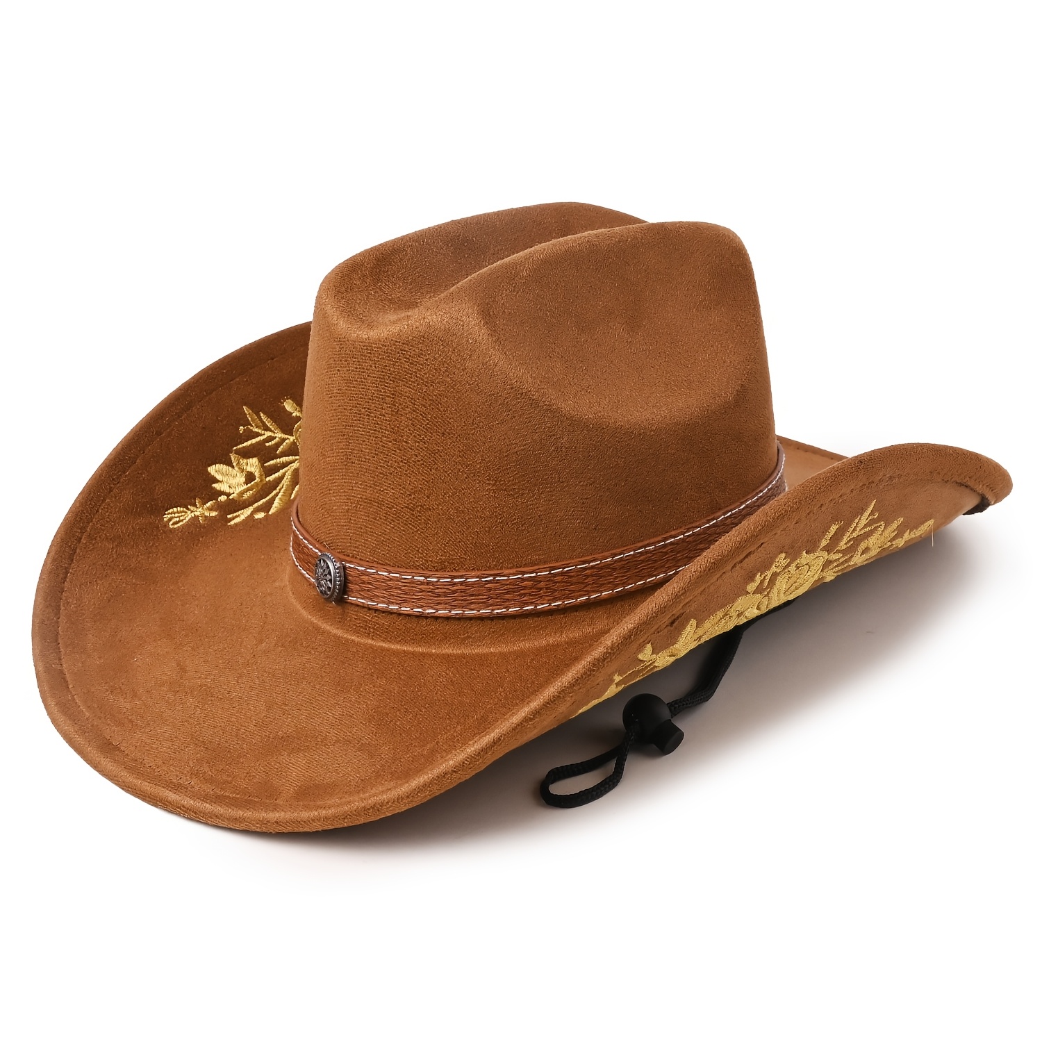 TEMU Unisex Suede Style Western Cowboy Hat, Floral Embroidery Wide Brim Sun Hat With Decorative Strap & Chin Cord, Vintage Costume Cowgirl For Daily