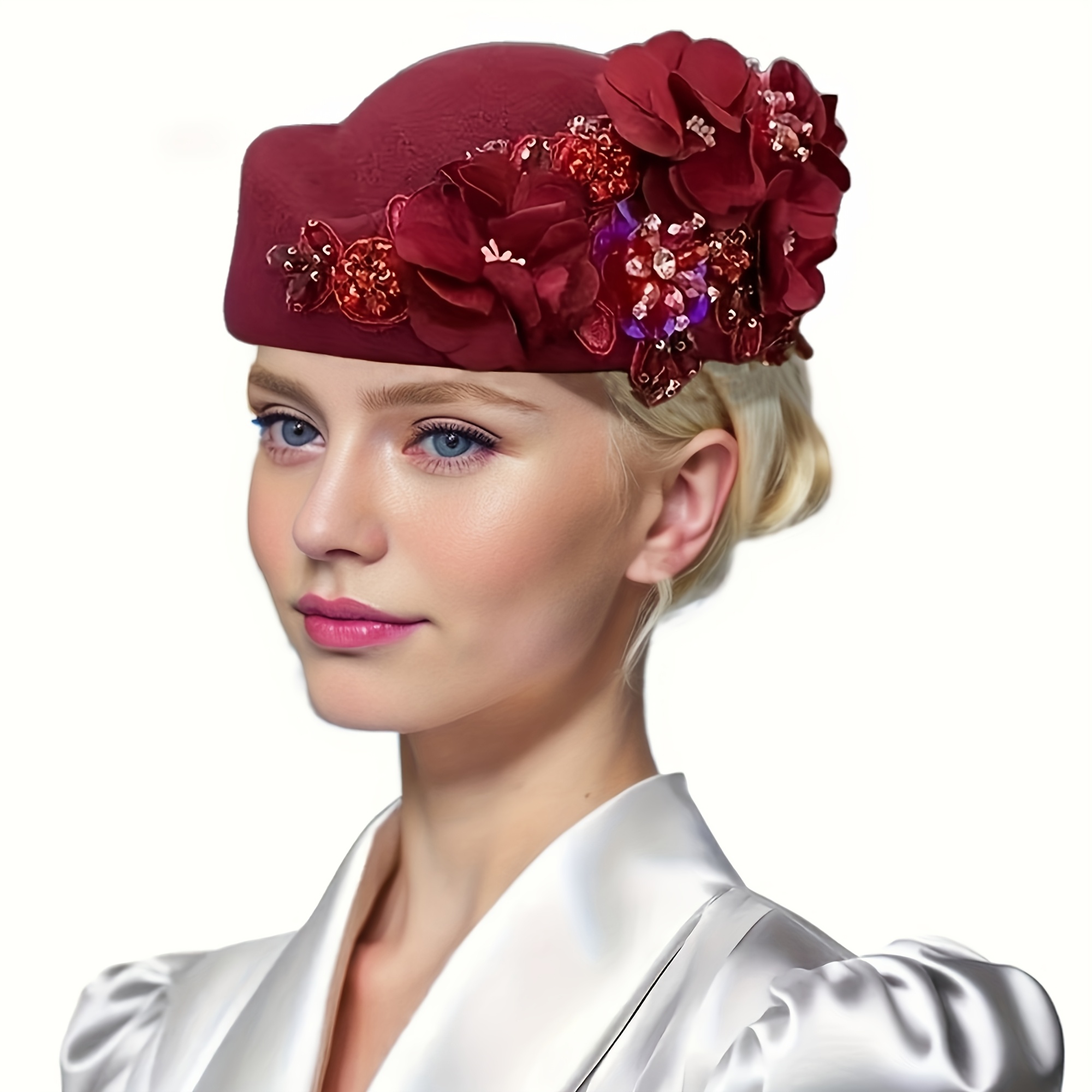 Vintage Elegant Floral Embellished Hat - Burgundy Wine/burgundy wool flapper cloche hat Greta Garbo style with  main image 4