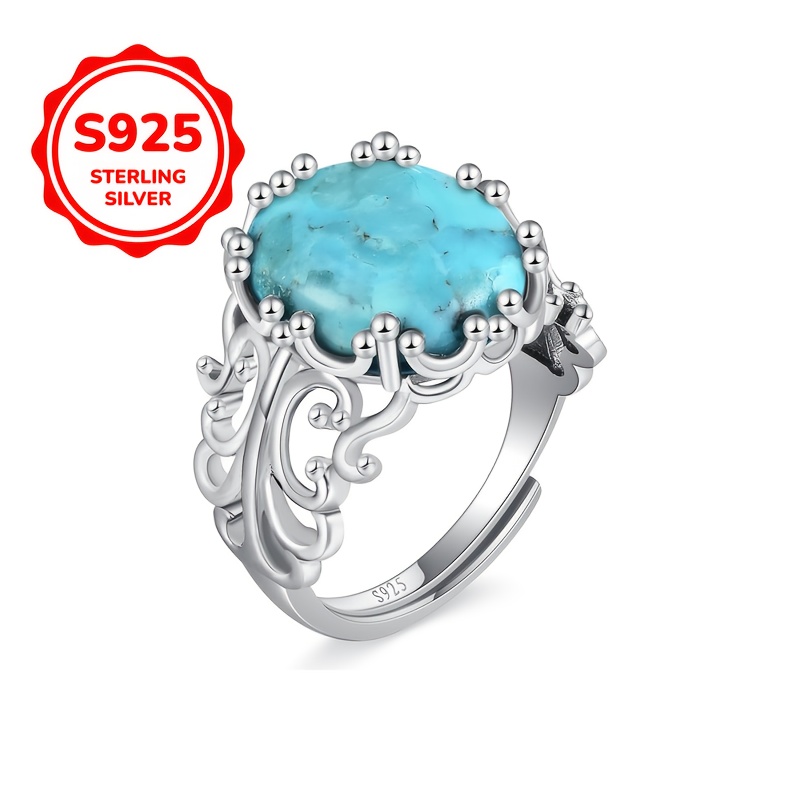 

A Stylish S925 Silver Ring For Women Featuring Floral Designs And Turquoise, Adjustable And Open-ended, Perfect As A Jewelry Gift For Day, With A Low Allergy And A Weight Of 3.3g.