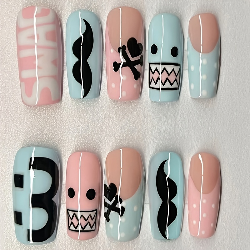 24pcs press on nails medium square shape cartoon fun   nail tips monster face mustache letter polka dot cross bone print design reusable   for women daily theme party wear