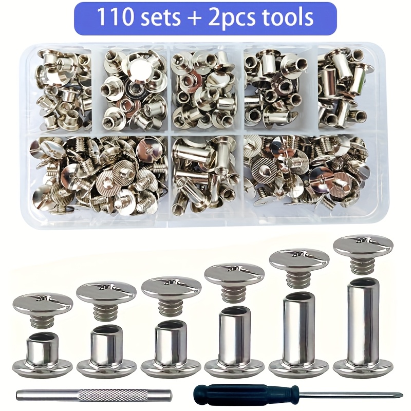 E-shop 110 Stück Chicago-Schrauben, Lederfertigungsnähte, Metall- und Eisenzinknähte, Punch- und Schraubendreher-Set, für DIY-Lederfertigung, Koffer,