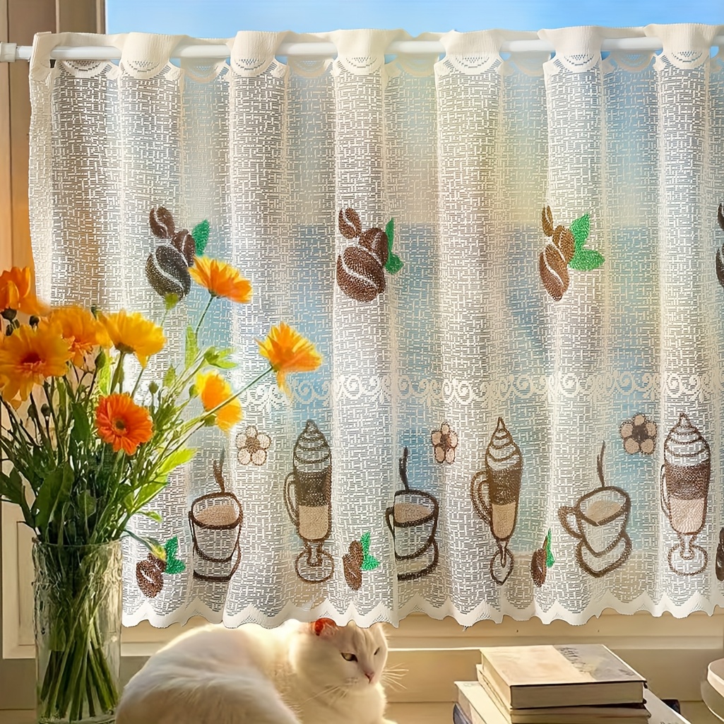 Image of 1pc French Partition Curtain Embroidery Flower Coffee Cup Coffee Curtain Door Curtain Bay Window Short Curtain