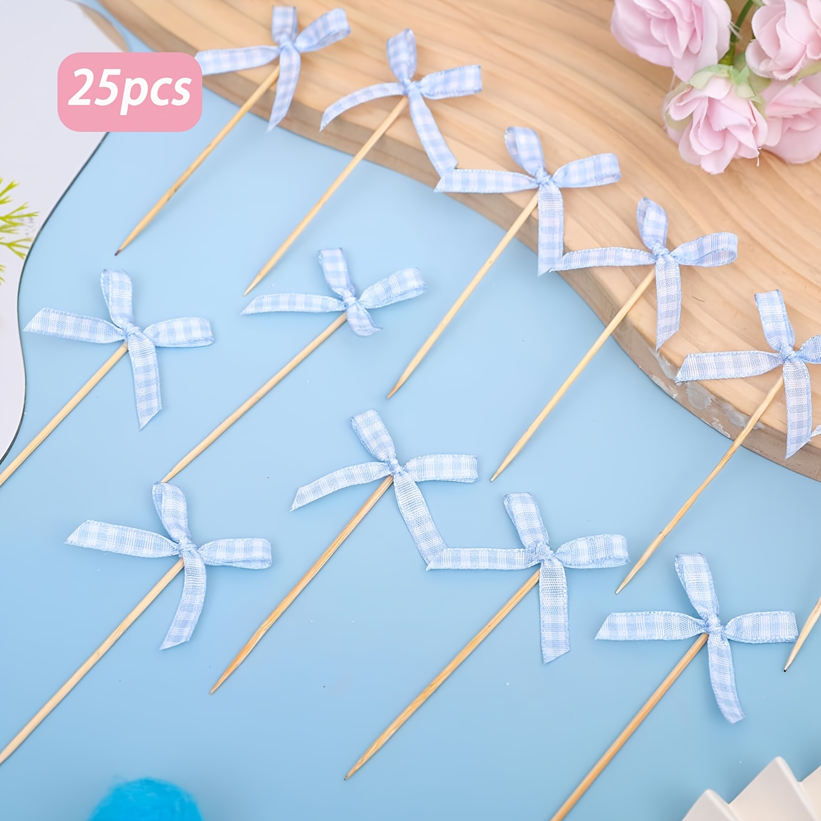 Image of 25 Cupcake Decorations - Bow-themed Party Decor, Ribbon Bow Cupcake Toppers, Bride Cupcake Picks, Birthday Wedding Cake Decorations (blue), Halloween, Christmas