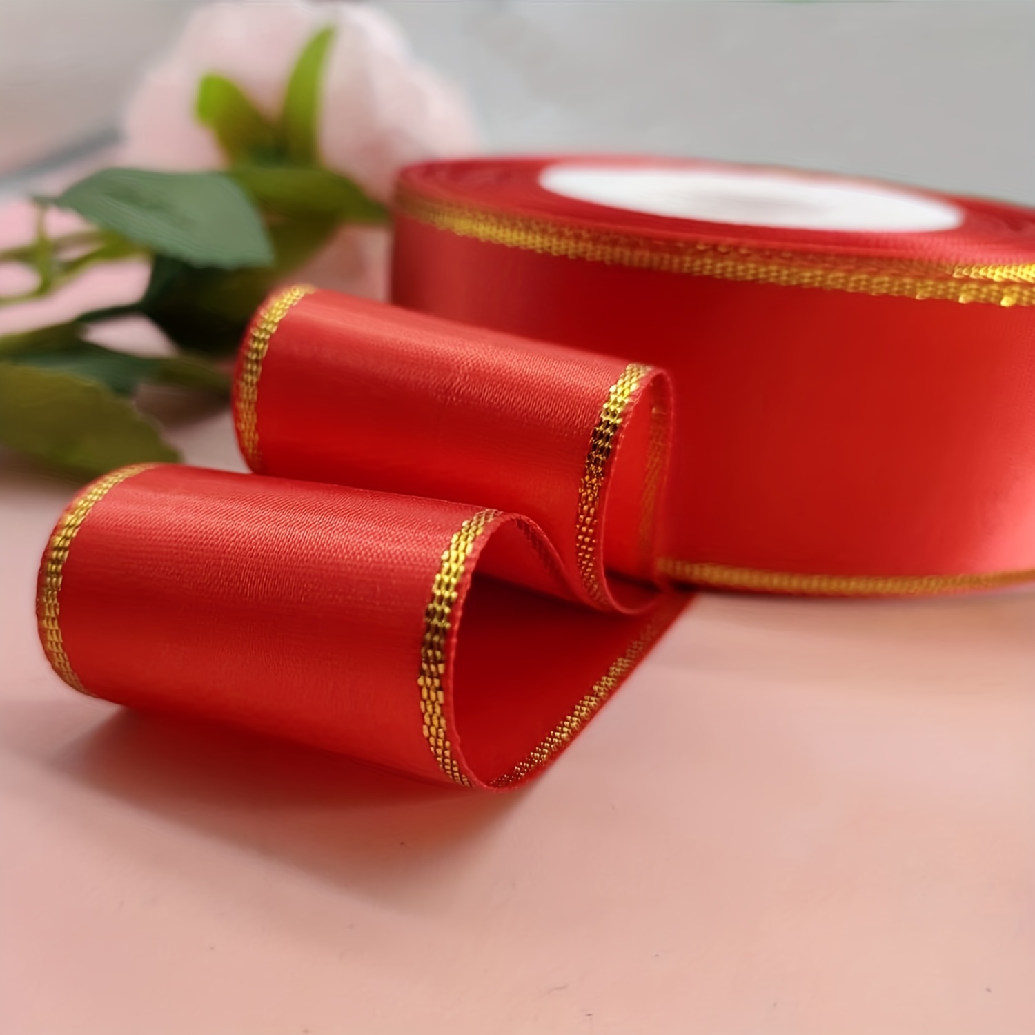 

24 Yards Double Faced Satin Fabric Ribbon With Wired Gold Edges - Craft & Decoration Material