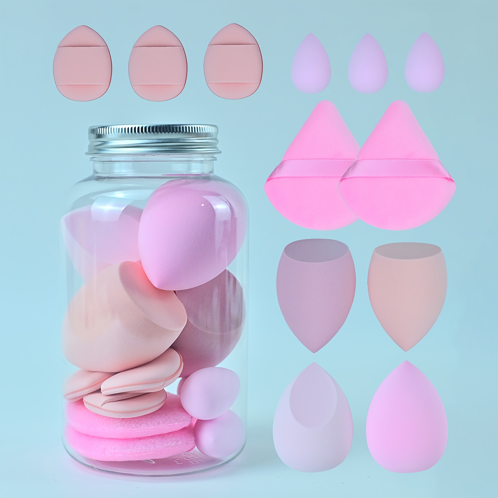 

12pcs Makeup Sponge Set With Storage Bottle - Includes 4 Large & 3 Blenders, 2 Triangle Powder , And 3 Finger For Application - -free, Super , Ideal For Types