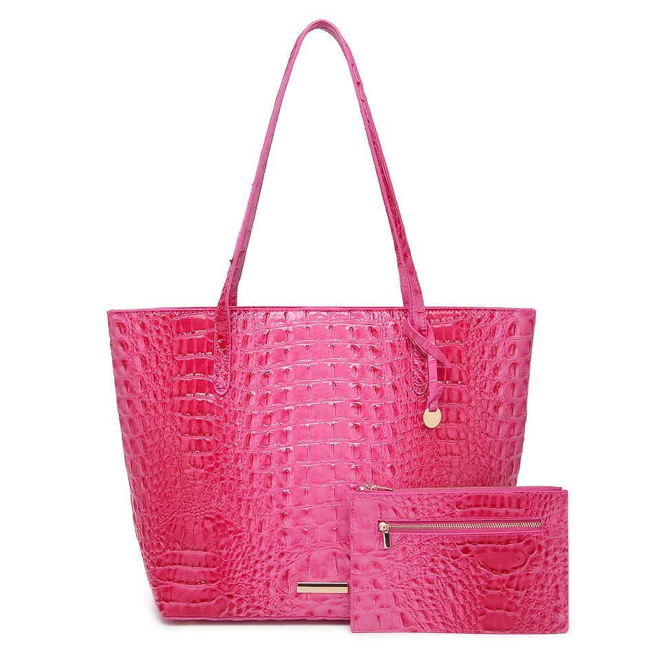 2pcs Crocodile Pattern Large Capacity Tote With Clutch Rse, Faux Leather Textured, Casual Versatile Commuter