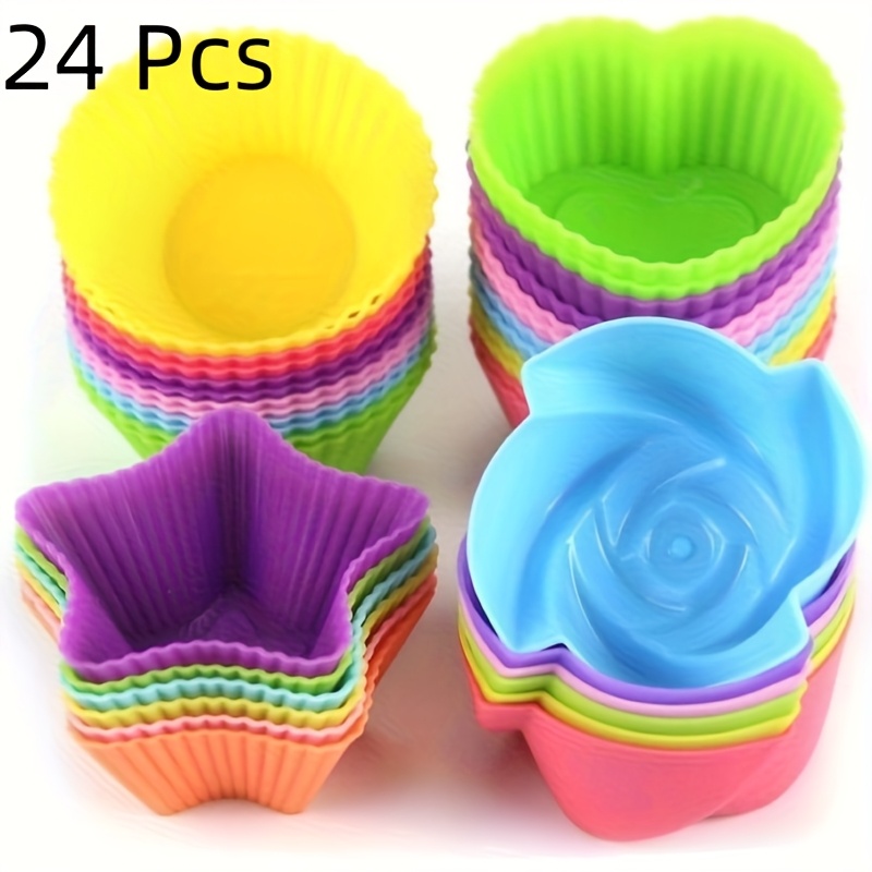 Image of 12/24pcs Colorful, Letgoshop Silicone Cupcake Liners Reusable Baking Cups Nonstick Easy Clean Pastry Muffin Molds 4 Shapes Round, Stars, Heart, Flowers