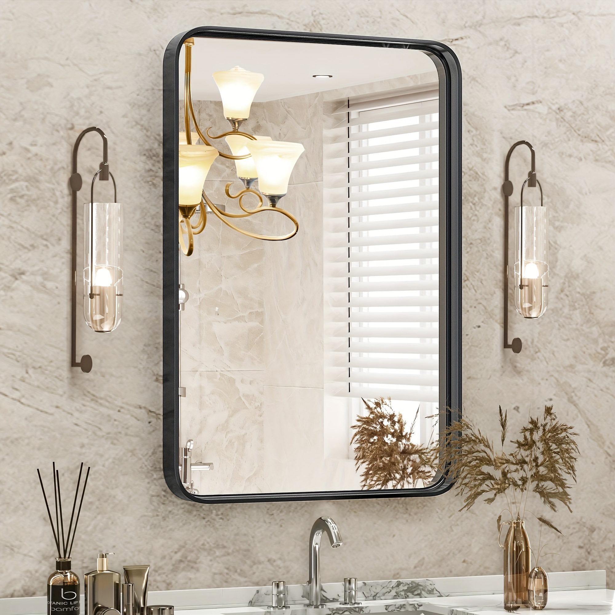 

Black Matte Metal Bathroom Mirror For Wall, 22x30 Inch Vanity Rectangle Rounded Corner Tempered Glass Mirror, Clear , Style Horizontally/