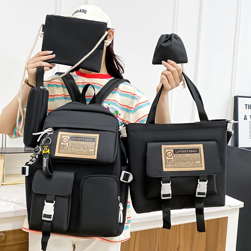 5-Piece Solid Color Backpack Set with Large Capacity Double Shoulder Bag, Tote, Pencil Case, Crossbody, and Lightweight Student Bag in Multi