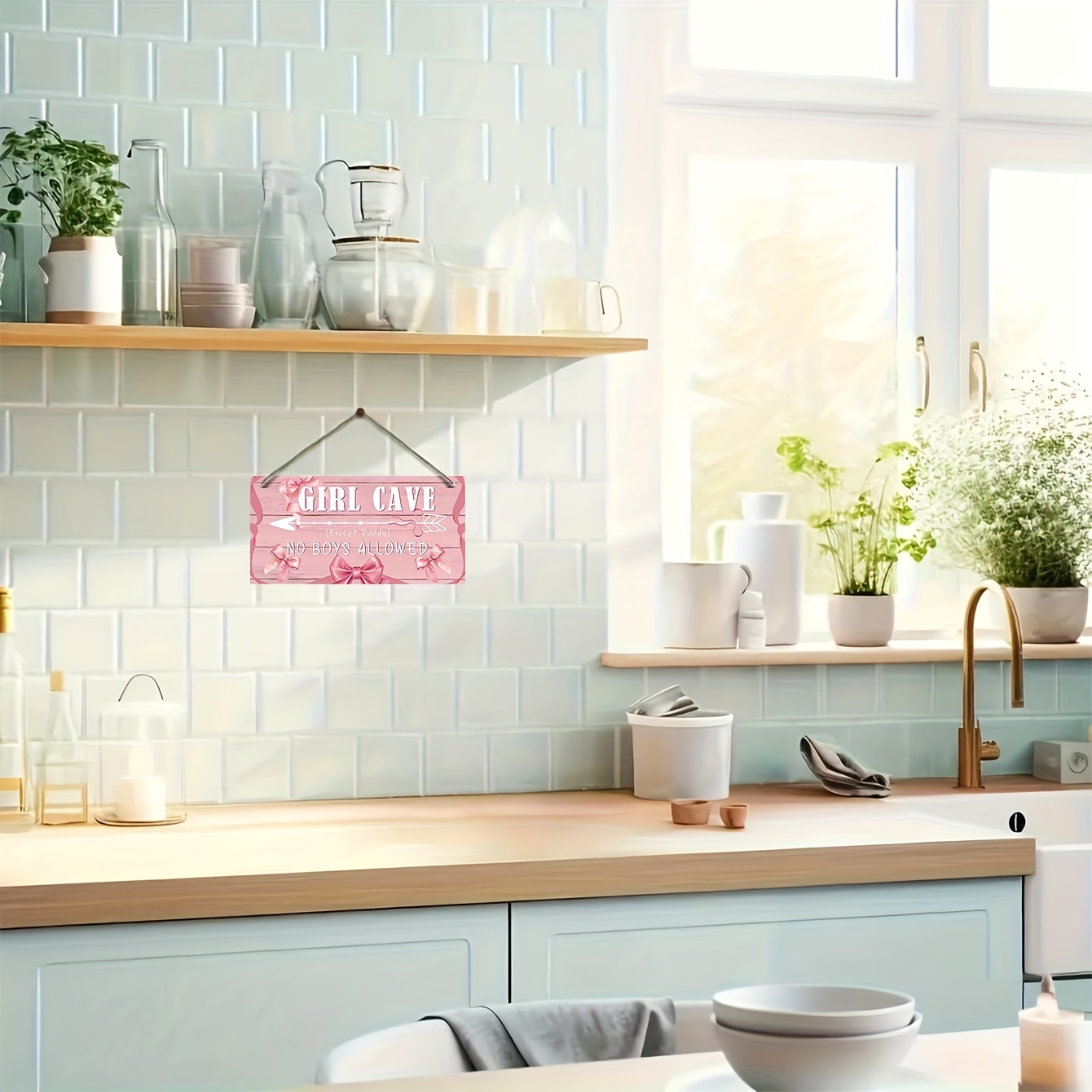 2D Flat, 1pc, Sign for a Cave, Wooden Wall Decoration with a Bow, Perfect Gifts for Fans of Pink, Decor for a Pink-Themed Room, No Boys Permitted Except for Dad in The Girls' Bedroom