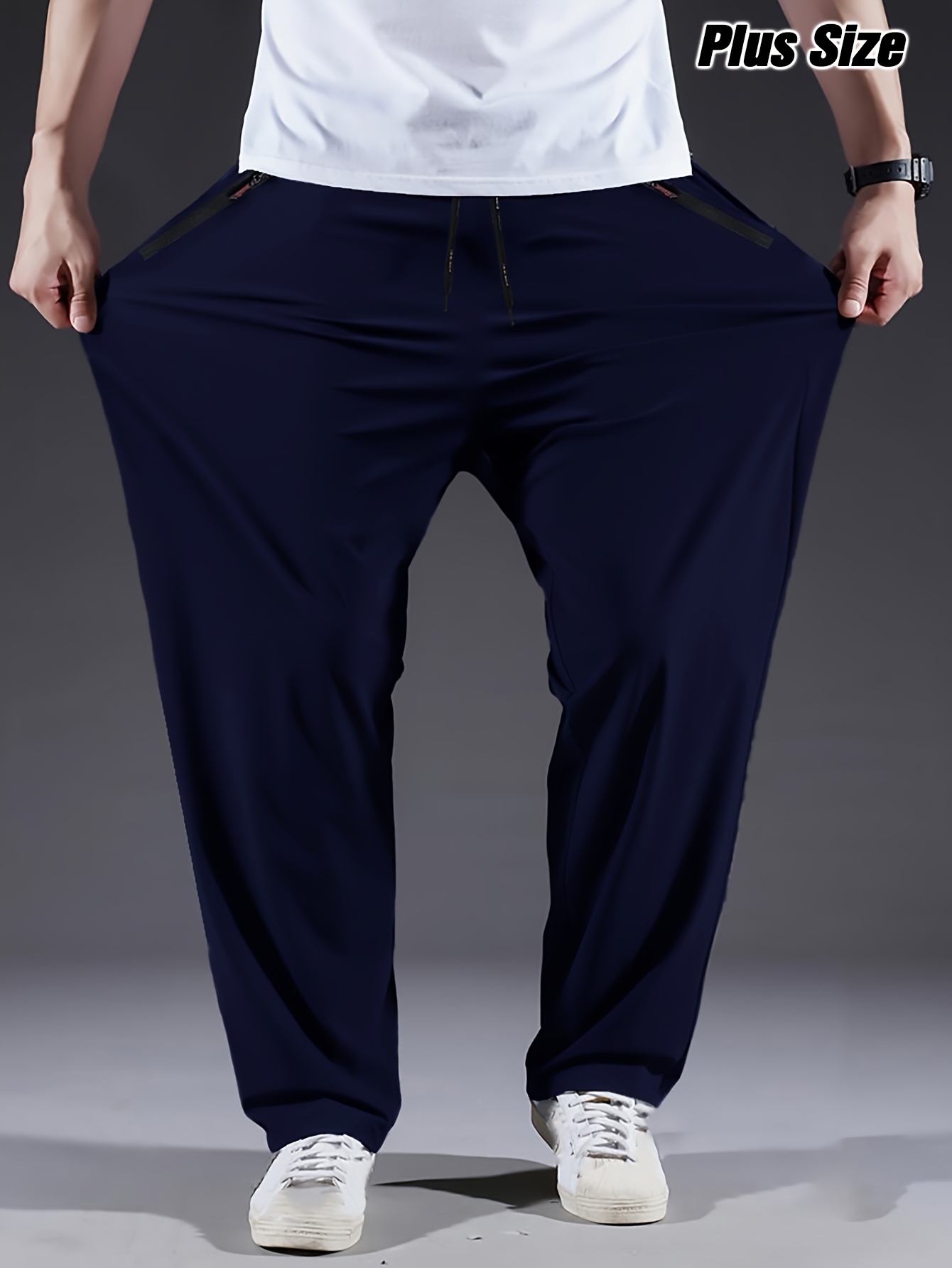 Men's Plus Size Polyester Sports Pants - 100% Polyester, Casual Style, Slight Stretch Fabric, Solid Color, Spring/Summer, Regular Fit, Adult Weekend Casual Trousers with Woven Technique