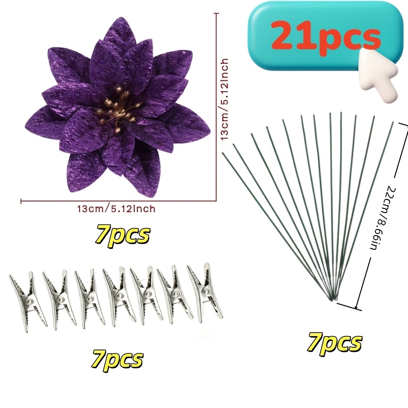 TEMU 21pcs Purple Glitter Christmas Holly Artificial Flowers And Stems With Clips, Random Match, Textured Glossy Fabric Flowers, Suitable For