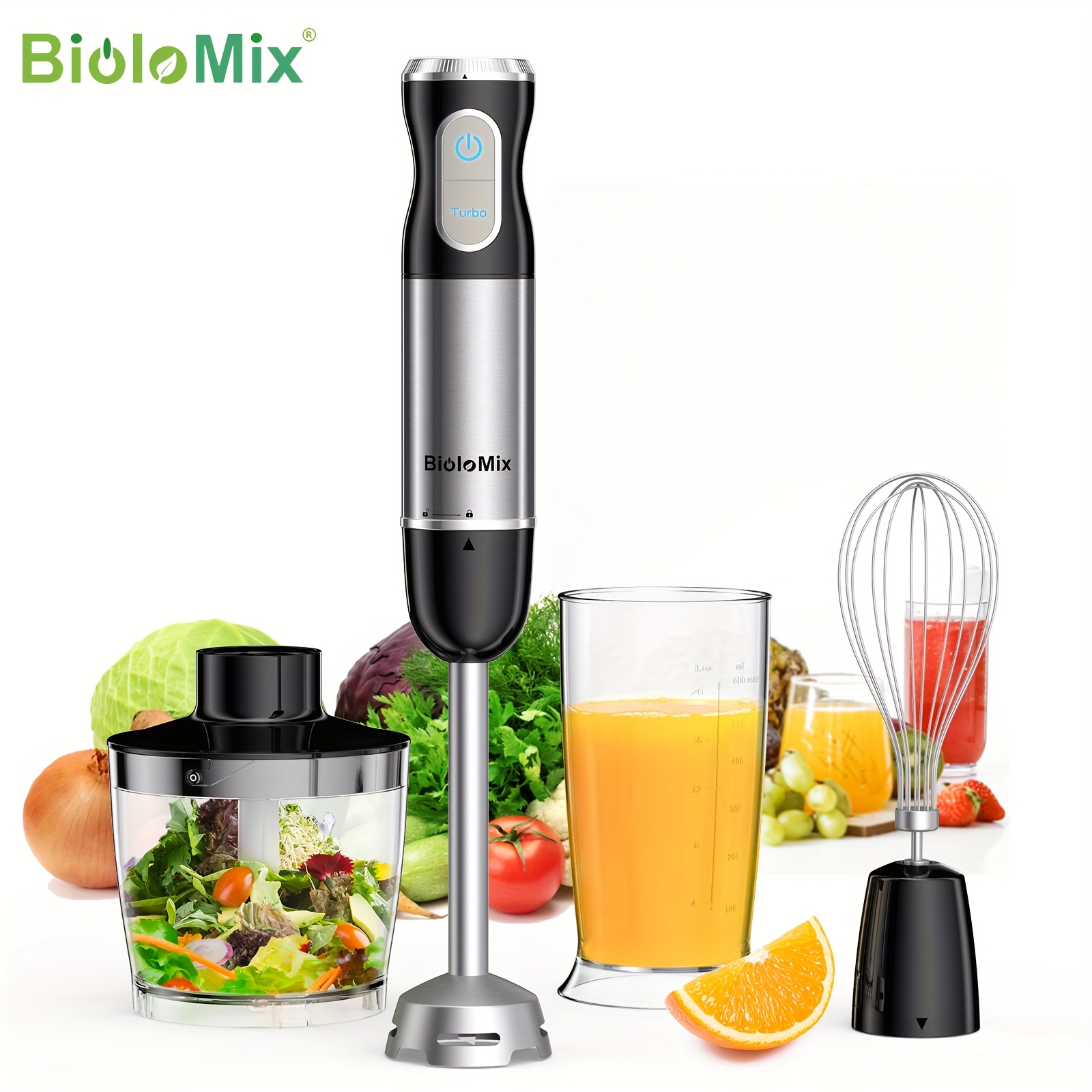 Image of Biolomix 1000w 4-in-1 Hand Blender, Handheld Blender Mixer, Vegetable Meat Grinder, 30 Adjustable & , Stick Blender, Egg Whisk, 500ml Chopper Bowl & 600ml Smoothie Cup, Eu Plug
