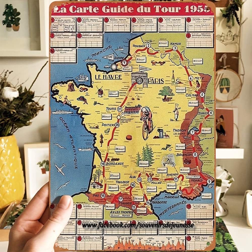 

1pc Panneau Métallique Vintage 1955 Carte du Tour - Étanche et Anti-Poussière, Art en Aluminium, Idéal pour , Bar, Café - Affiche d'Événement Cycliste, Cadeau , 2D, Idéal pour la Décoration de Chambre