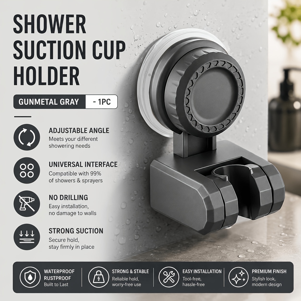 TEMU Adjustable Shower Suction Cup Holder, Handheld Shower Head Holder For Bathroom, Wall-mounted Suction Cup Installation, No-drill Design -