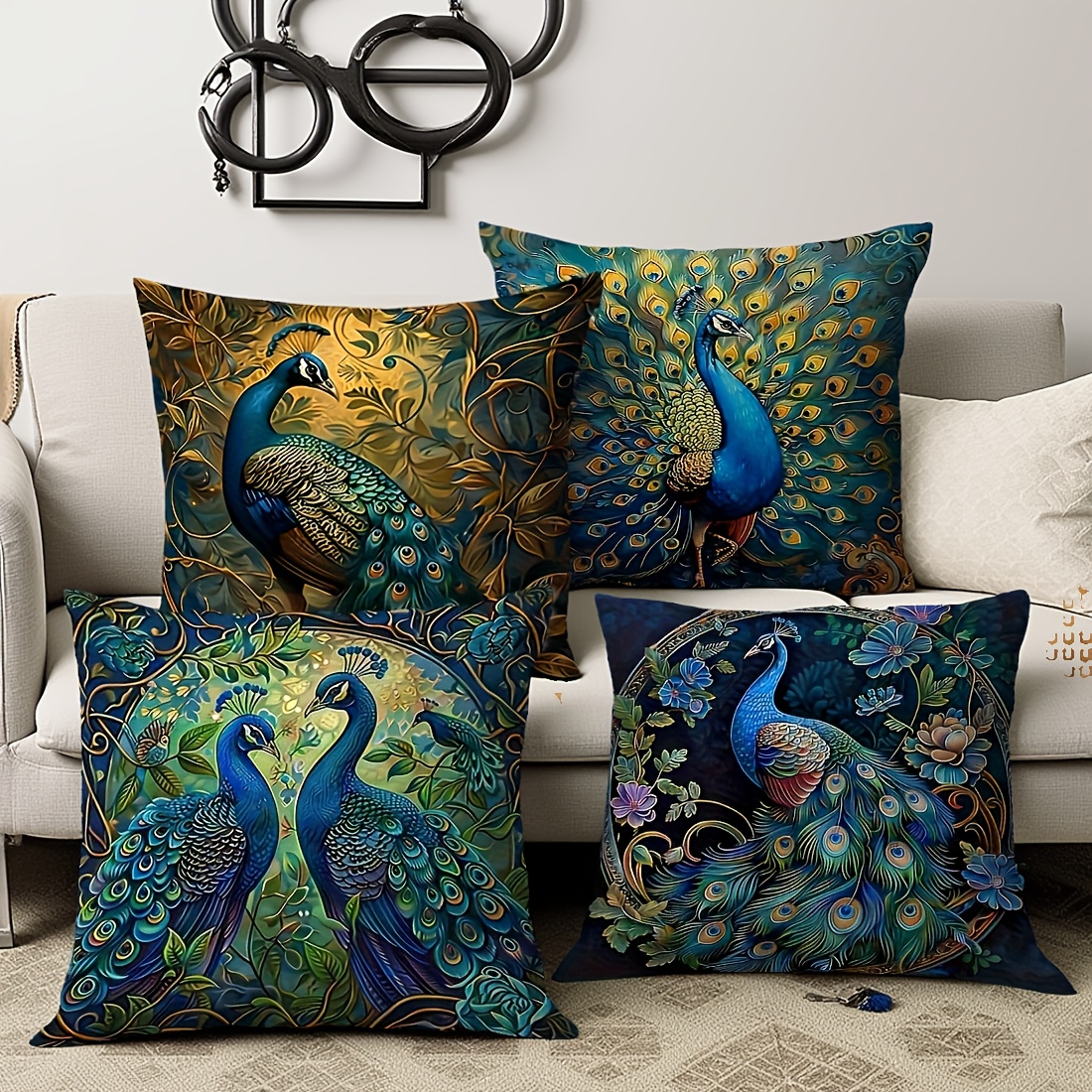 TEMU Retro 4pcs Single Sided Printed Pillow Set - Oil Painting Peacock 4pcs Sofa Cover, Square Fashion Holiday Decoration Sofa Cushion Cover, Sofa