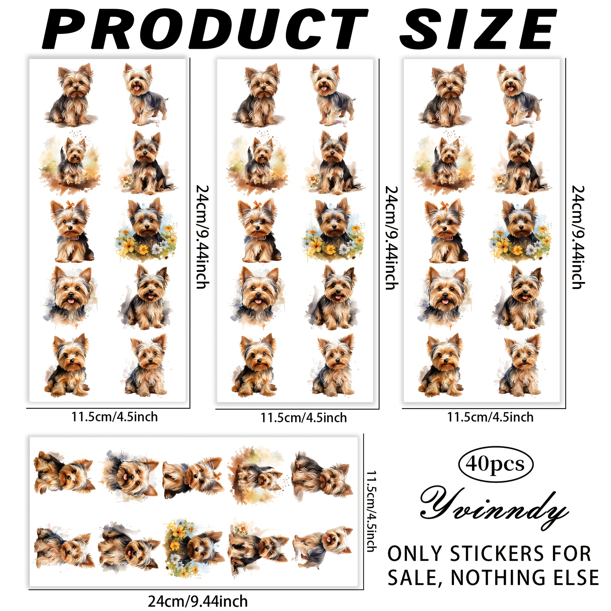 TEMU 40 pièces/set Décalcomanies en Vinyle à Repasser pour Tasses - Yorkshire Terrier Aquarelle - Designs Amusants, Construction Durable, à et aux UV