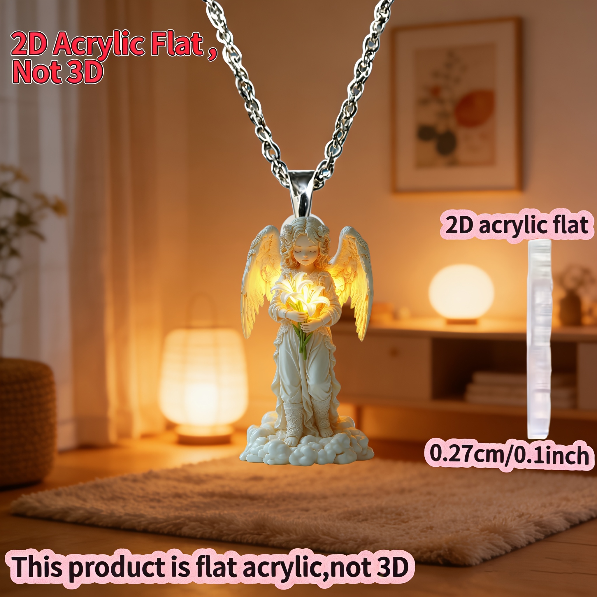 Unisex 2D Acrylic Angel Pendant Necklace, Stylish Gift