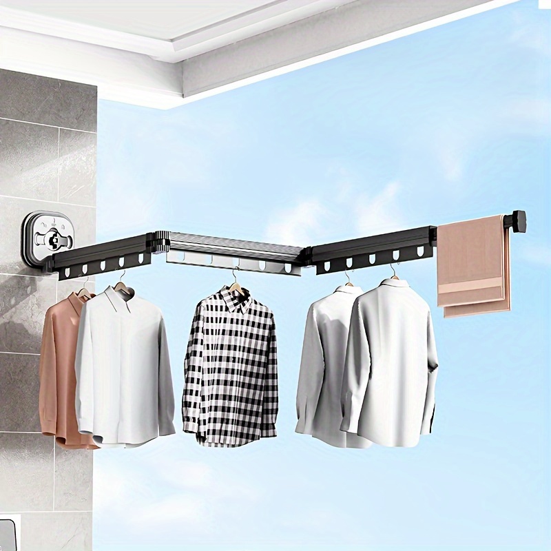 

1pc Folding Clothes Drying Rack, Balcony Wall Hanging Drying Rod, Aluminum Alloy Telescopic Clothes Hanging Rod, Free-punching Suction Cup Type Laundry Rack