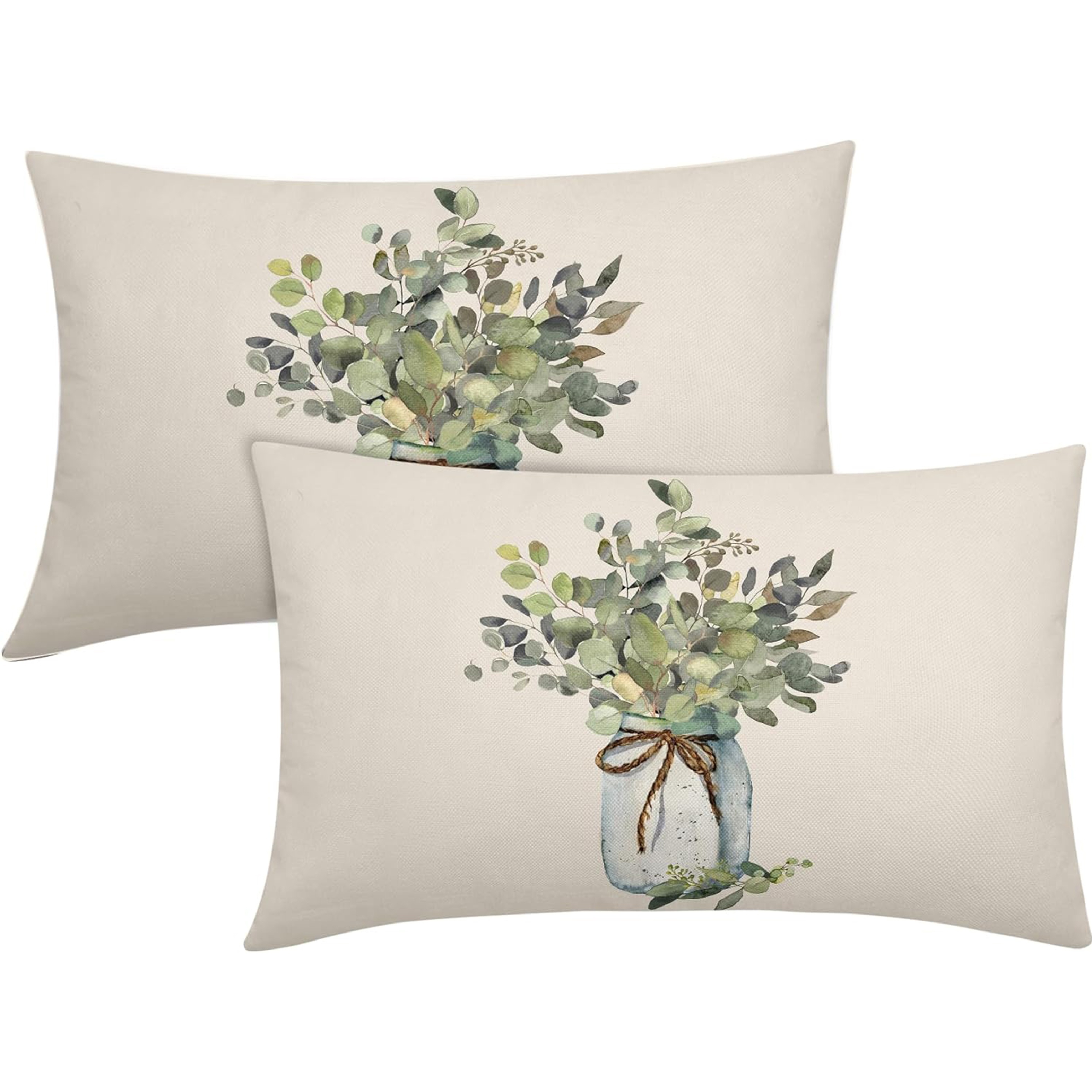 

2-pack Contemporary Linen Throw Cushion Covers 12 X 20 Inch, Machine Washable, Zippered, Floral Eucalyptus Leaf Design For Home & Outdoor Decor, Woven Fabric, Fits Room Types