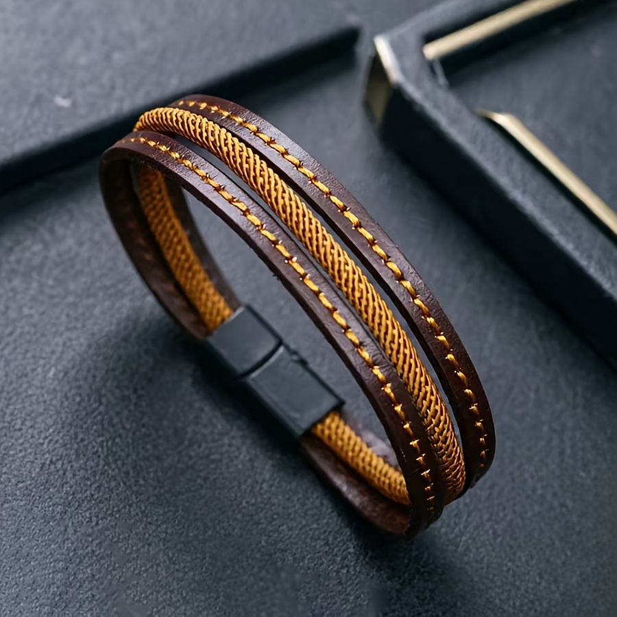 TEMU 1pc Retro Sports Bracelet, 3-layer Woven Detachable Faux Leather And Vintage Men's Youth Accessory
