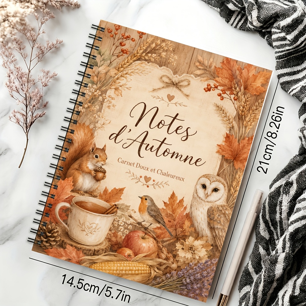 TEMU Couverture d'automne français, 1 carnet à spirale avec écureuil, , oiseau, feuilles d'érable, blé, , pommes, couleurs douces de récolte et style
