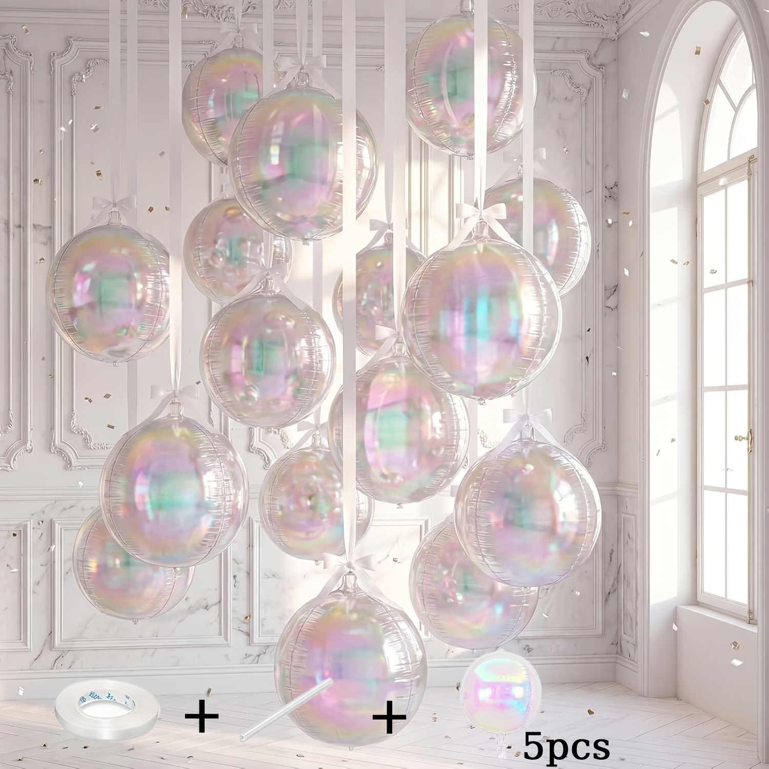 TEMU Globos redondos vibrantes de lámina, juego de 7 piezas, accesorios para globos para mayor comodidad. Globos holográficos 4D en varios tamaños,