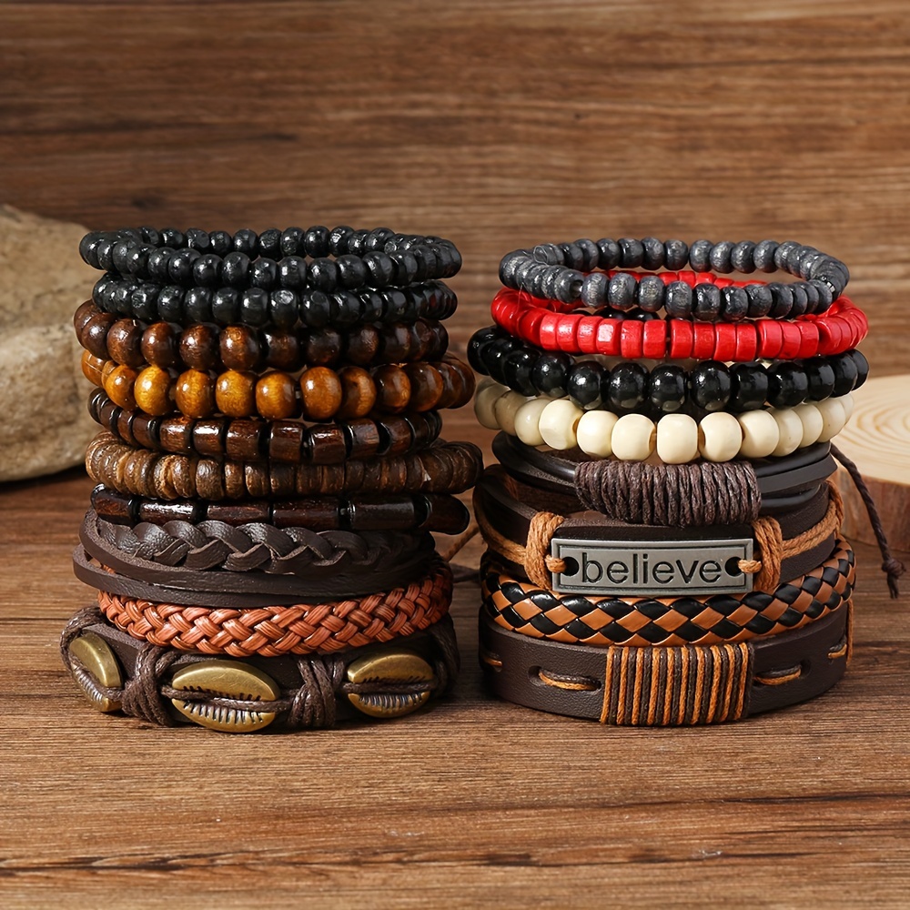 

18pcs/set Vintage Style Fashionable Bracelets For Men, Handmade Woven Pu Leather Bracelet Combo, Retro Wood Beads Woven Hand Jewelry.