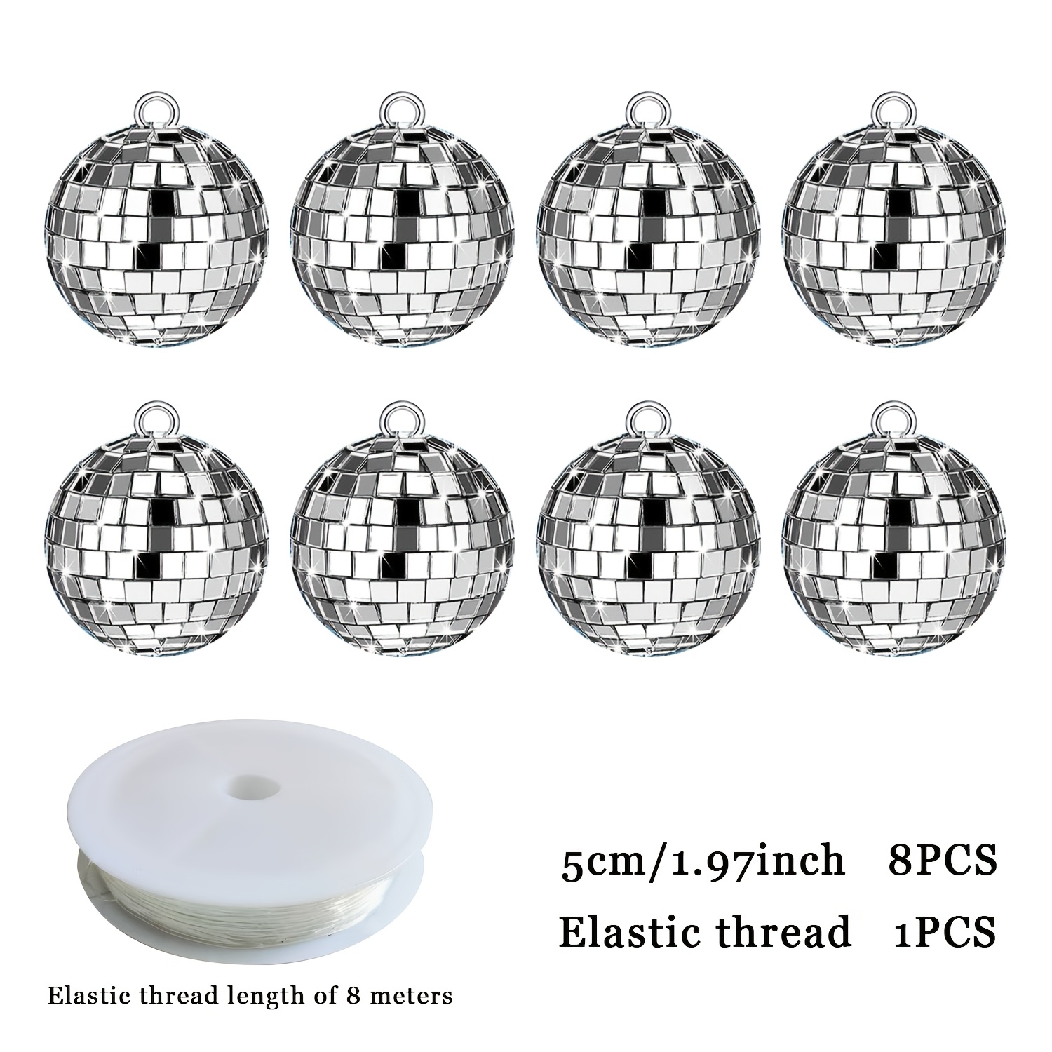 Image of 5cm/1.97 Inch Silvery Reflective Disco Mosaic Mirror Ball+elastic Rope Christmas Tree Hanging Decoration Home Decoration Bar Party Hanging Decoration (8 Mirror Balls+1 Roll Of Elastic Rope)