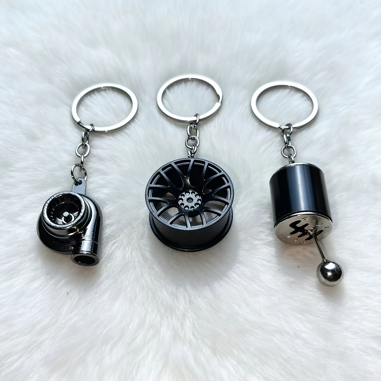 TEMU 3pcs Car Modification Keychain Set Featuring A Alloy , Gear Shift, And Wheel Models. Mini Car Part Pendants Keyring, A Accessory Gift, Perfect