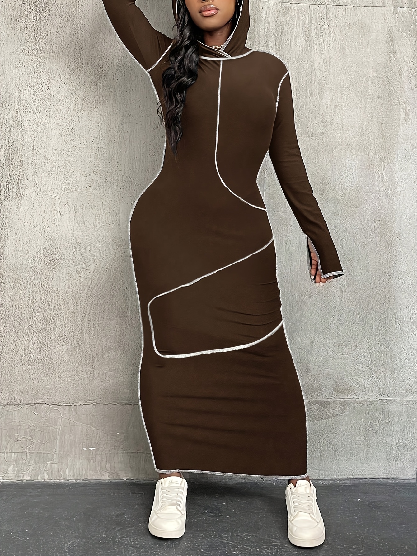 fashion hoodie color block seam bodycon long