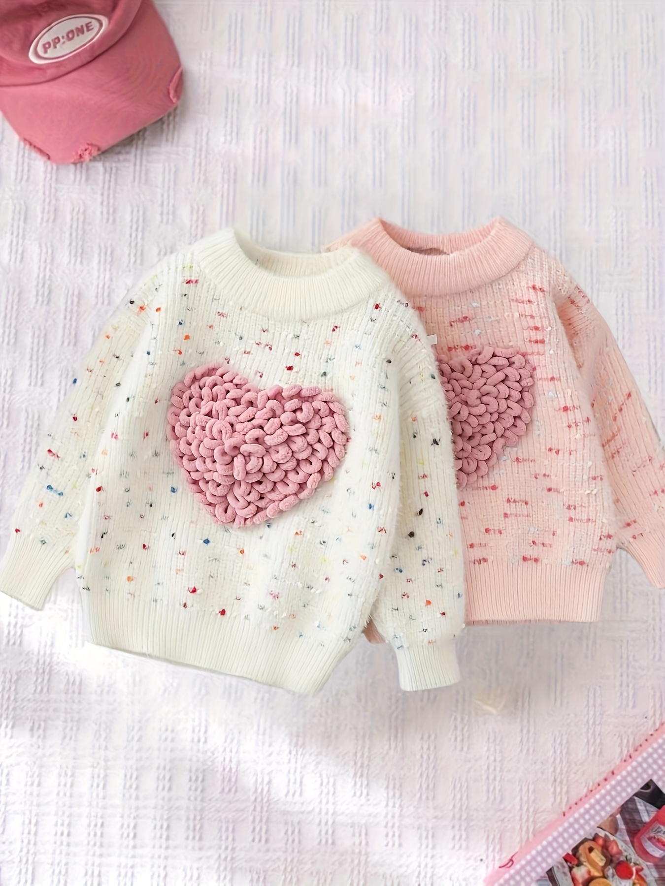 Girls' Knit Round Neck Heart Sweater for Fall and Spring