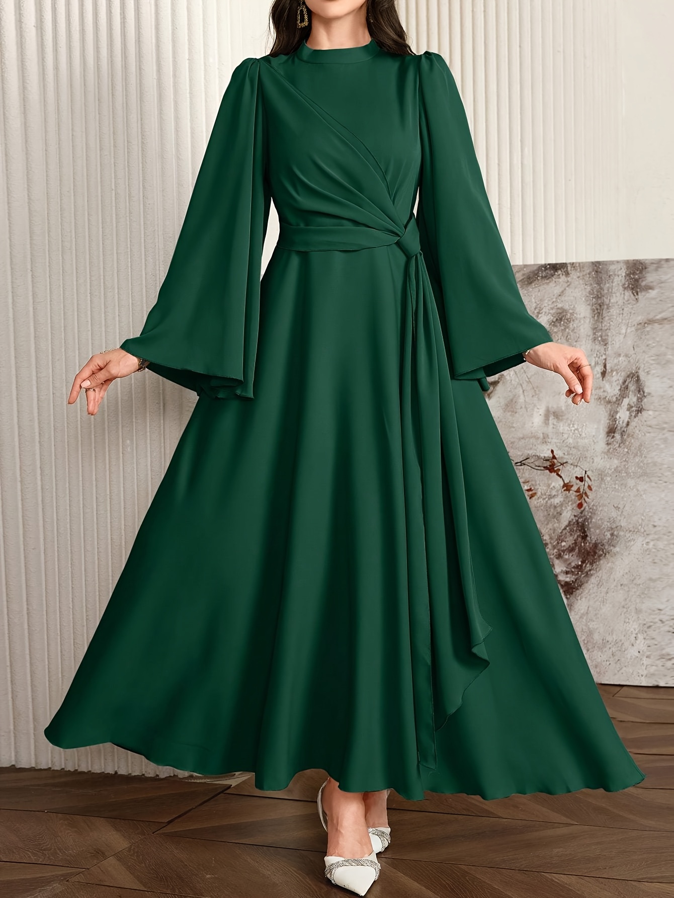 knee length dresses for ladies Muslin plunged long sleeve maxi dress – Piure_com main image 0
