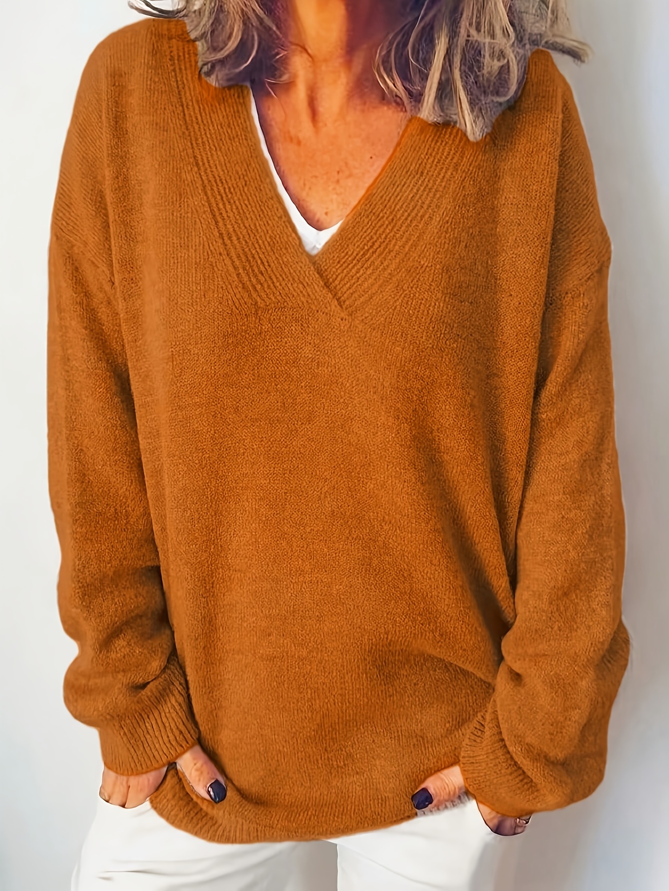 v hals lange mouwen top zachte Temu Belgium