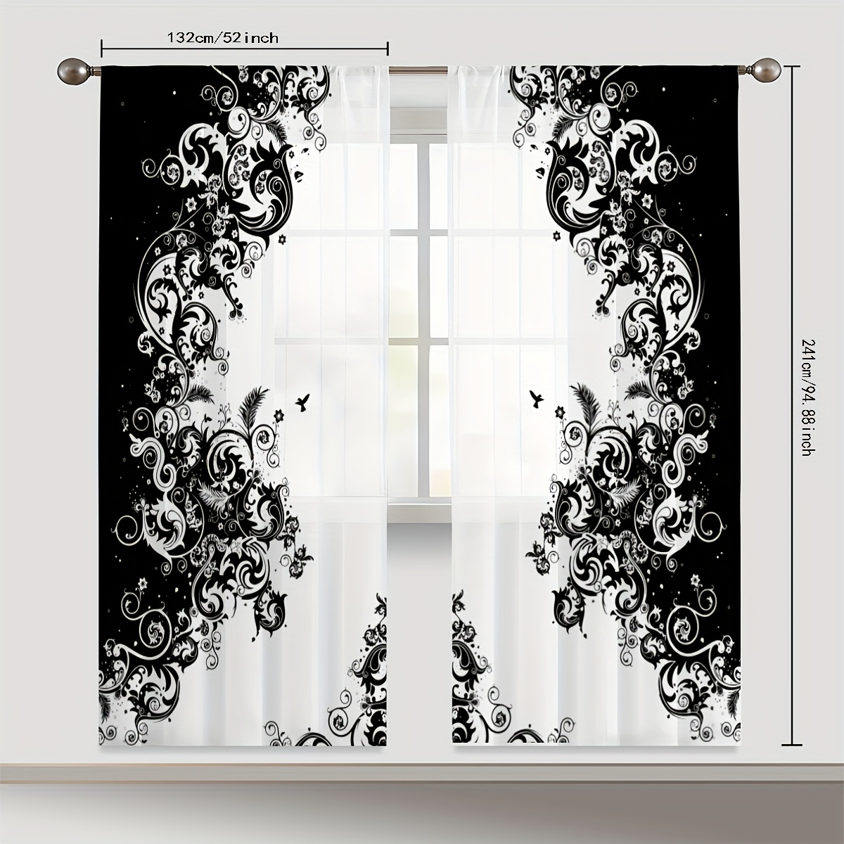 TEMU Lot de 2 rideaux noirs à motif européen , rideaux à tiges en gaze, translucides, pour salon et chambre, décoration de pièce, légers, lavables et