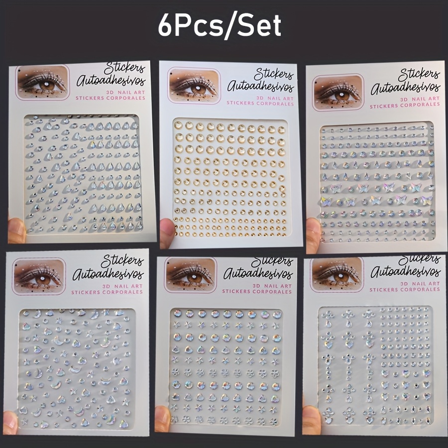 TEMU 6pcs/set Colorful 3d Sparkling Rhinestones Stickers For , Self Adhesive Facial Gem Sticker, Diy Face & Decorations For Holidays, Parties, Music