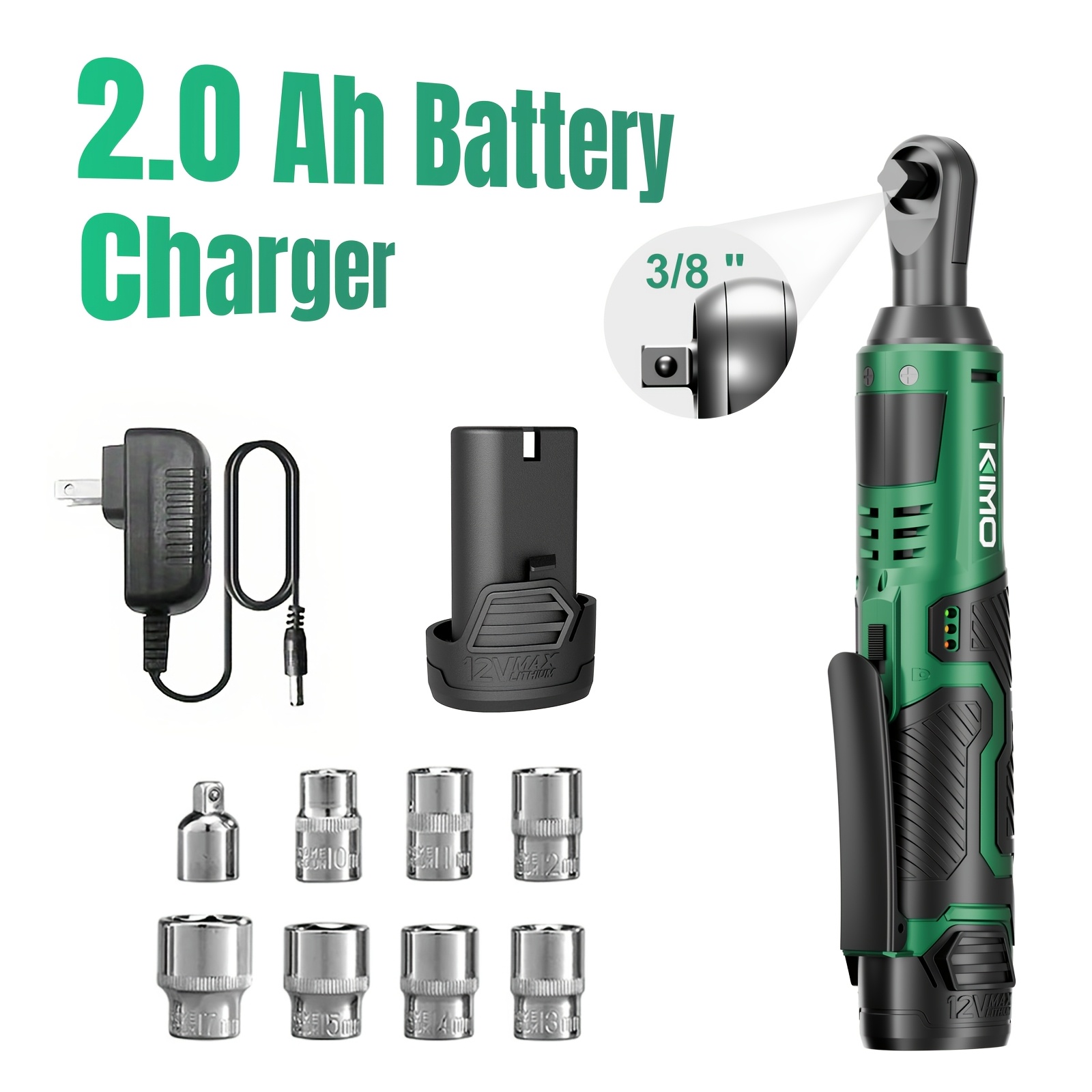 

Kimo Electric Ratchet Wrench Cordless Set, -lbs, 400 Rpm, 3/8" 12v Cordless Ratchet Kit W/ 60-min , Trigger, 2pcs Lithium-ion Batteries, 8 Sockets, For Ebike, Garden Shed, , Kimo