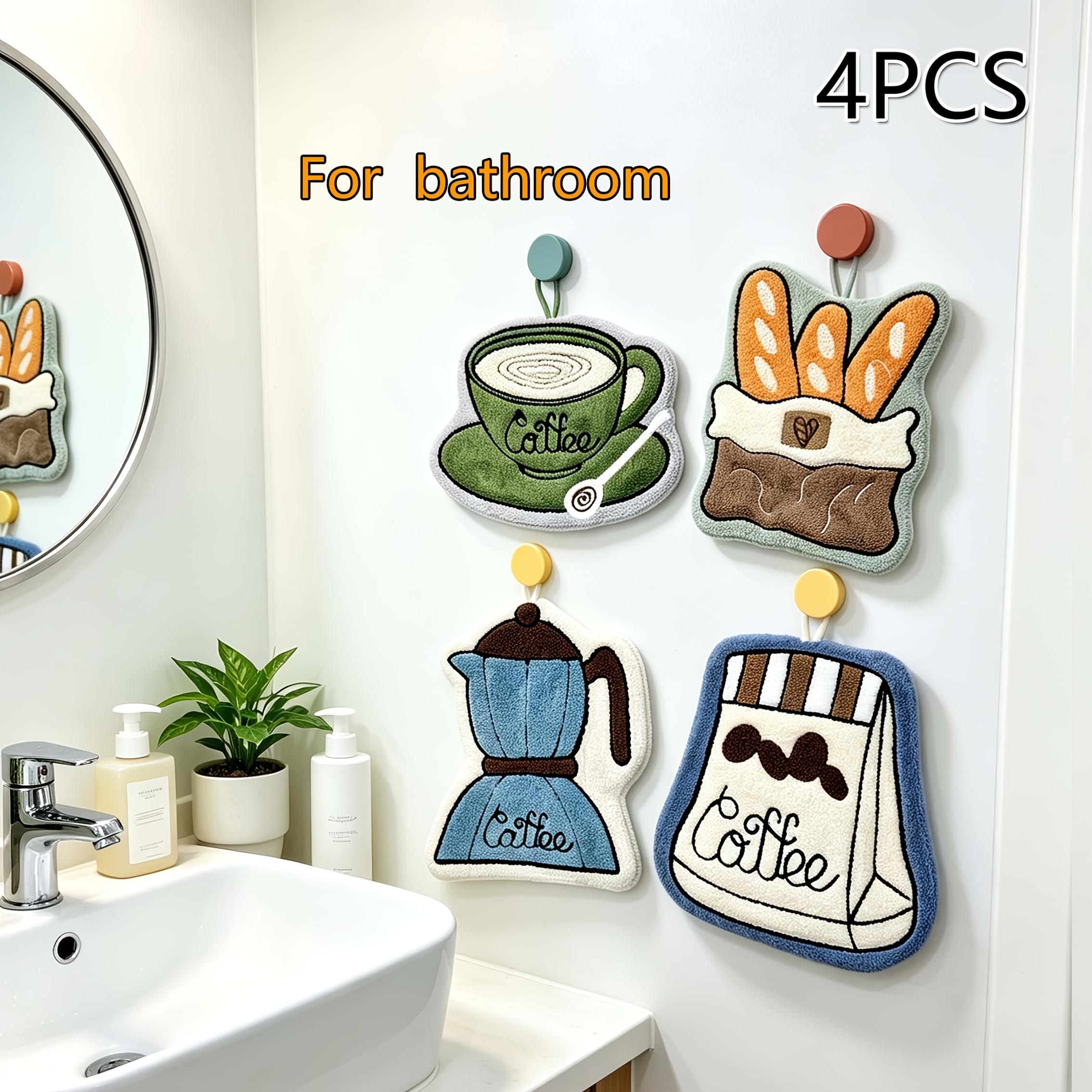 TEMU Lot de 4 serviettes de à motif sur le thème du café pour salle de bain, à suspendre, matériau absorbant en , serviettes à main pour salle de