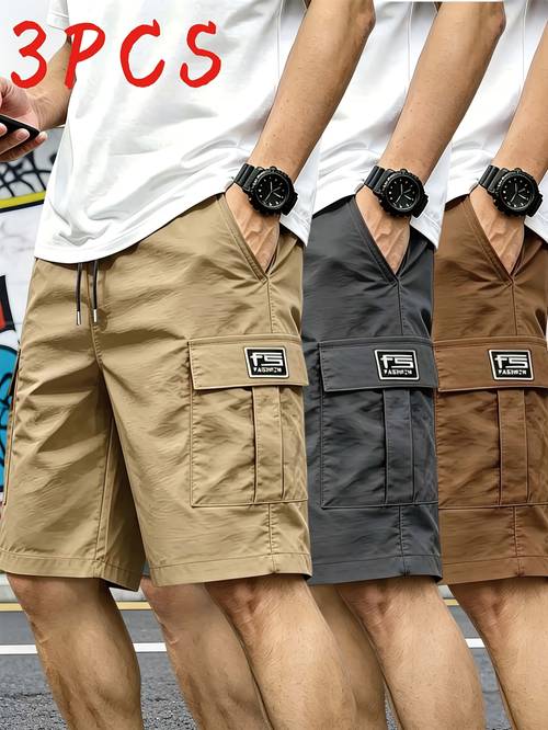 3pcs mens and unisex cargo shorts relaxed fit with drawstring waist multi functional pockets lightweight non stretch polyester fabric suitable for fitness hiking and daily wear spring summer casual shorts hand washable for men