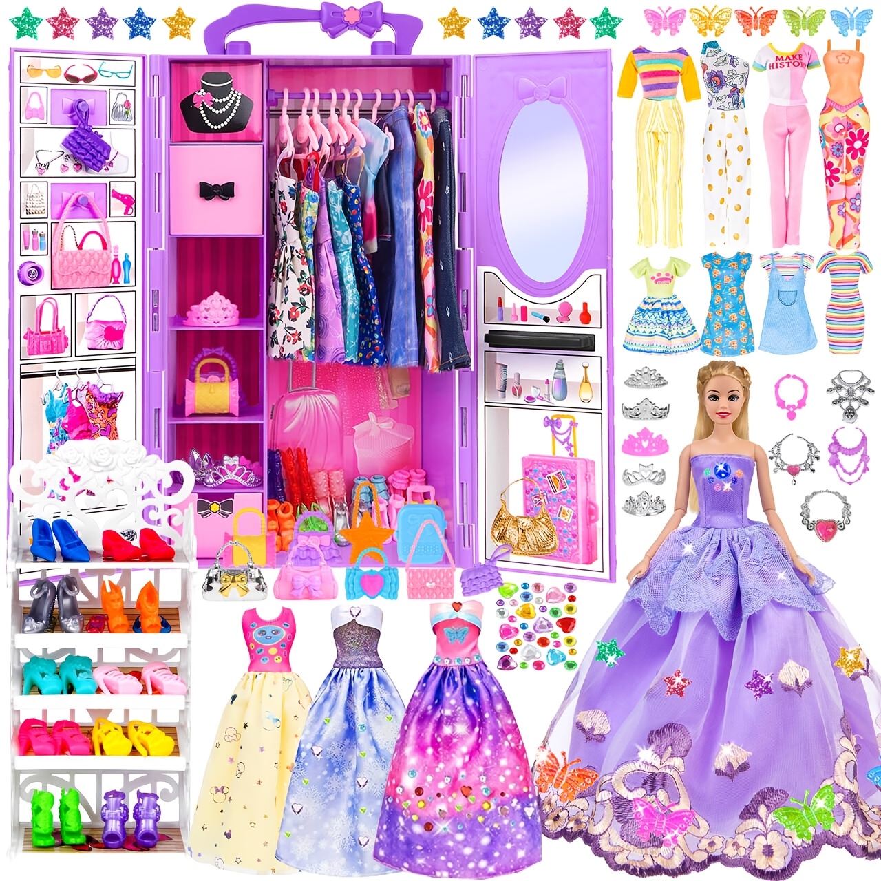 

91pcs 11.5 Inch Individual Doll With Clothes Accessories And Closet, Princess Gowns Dresses, Outfits, Swimsuits, Shoes, Hangers ( Doll)