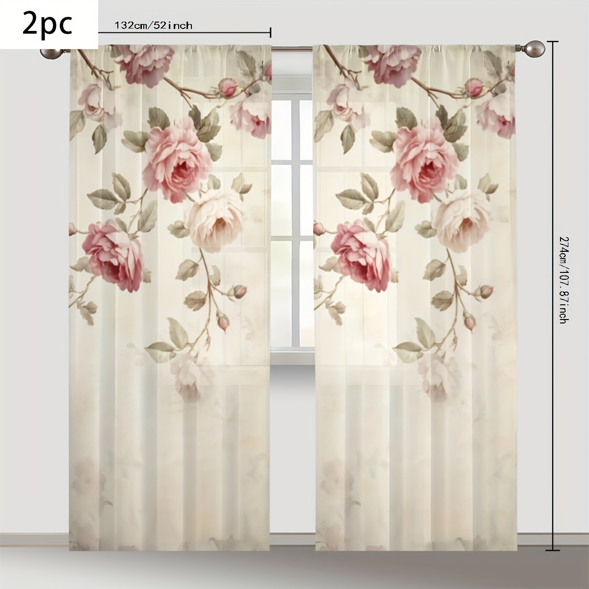 TEMU 2pcs Abstract Large Flower Group Transparent Privacy Screen Curtain, Rod Pocket Polyester Screen Curtain, Suitable For Bedroom, Study, Living
