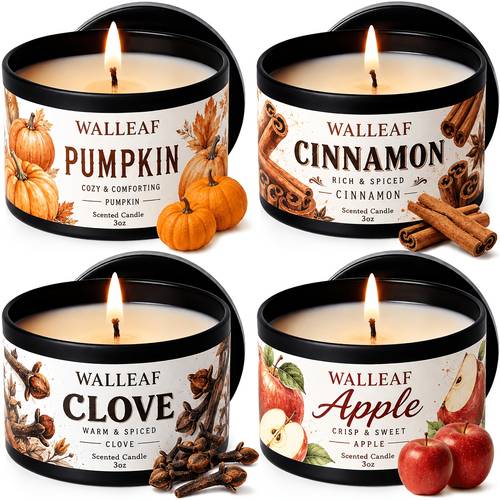 item picture 4pcs fall scented candle gift set 3oz each pumpkin cinnamon fragrances portable tin candles for bedroom living room home decor autumn halloween thanksgiving gifts for women men