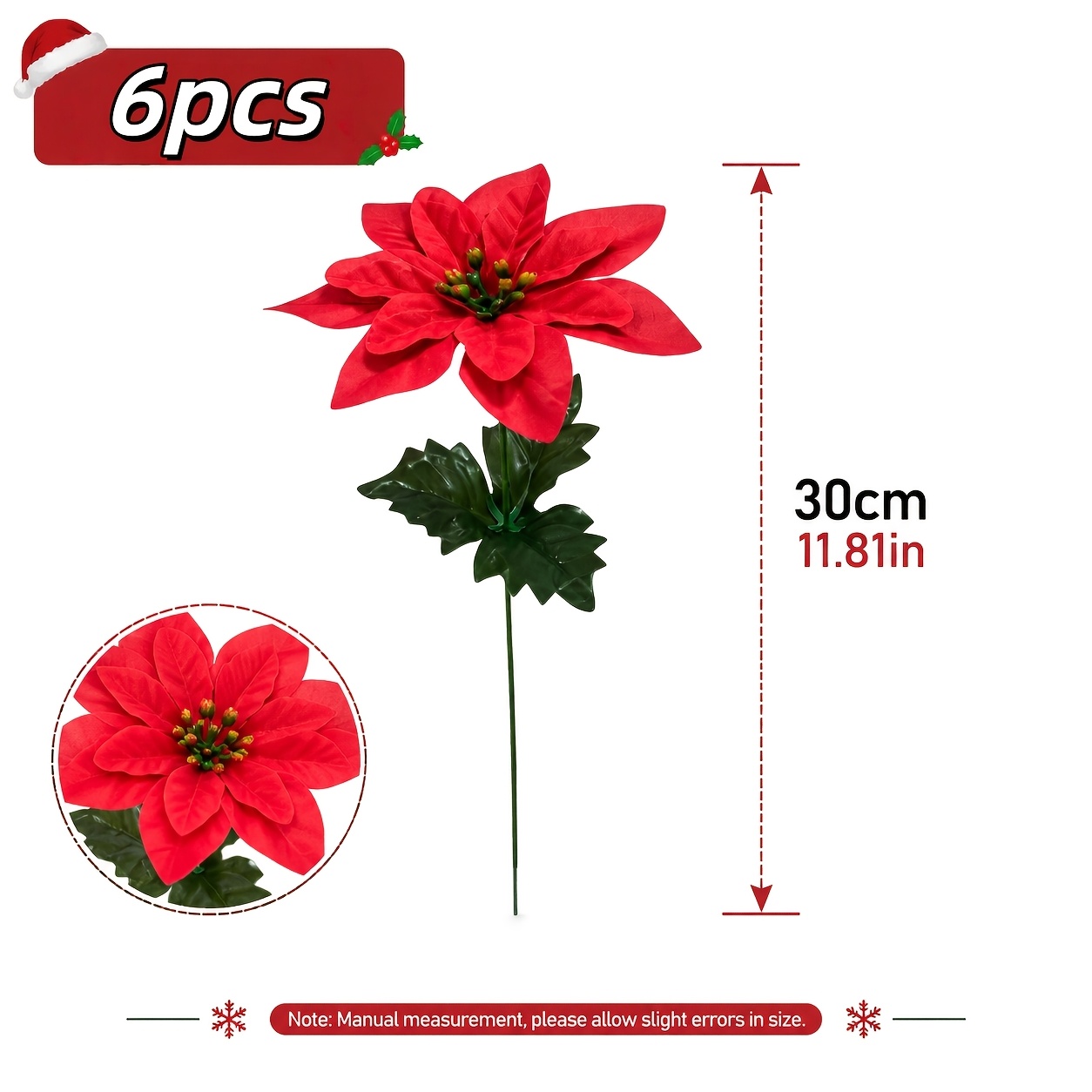 TEMU 6pcs Vibrant Artificial Poinsettia Flowers - , Color-resistant Faux Plants, Suitable For Christmas Halloween Outdoor Weddings, Home, Indoor And