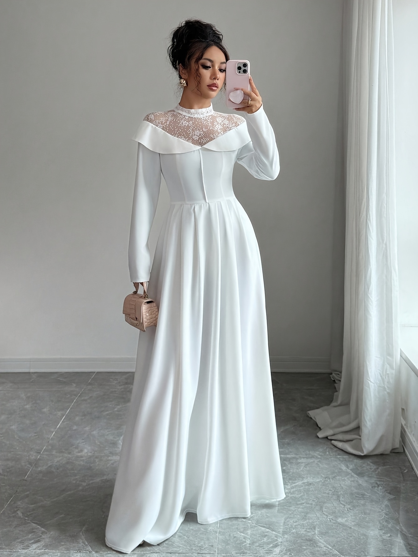 s elegant white a line maxi dress with mesh panel lace like sheer back long sleeve length wedding guest gown round neck formal evening dress machine washable no stretch Product details 17